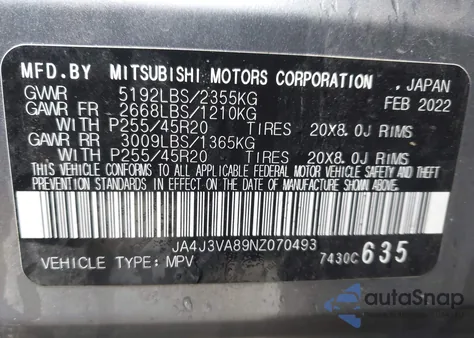 2022 Mitsubishi Outlander Sel Special Edition 2Wd z USA, uszkodzony, nr VIN JA4J3VA89NZ070493